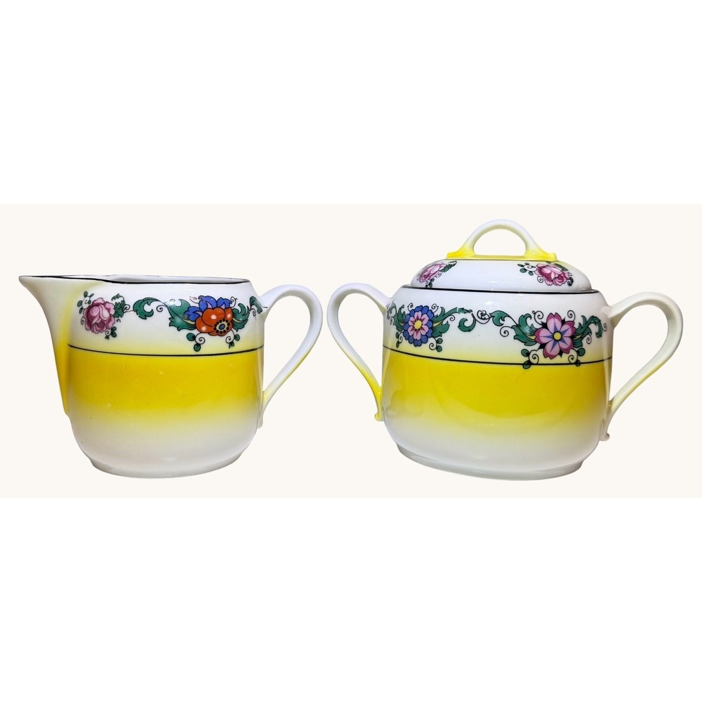 Vintage Germany Porcelain Creamer Sugar Bowl Set Lid Yellow Floral Hand Painted